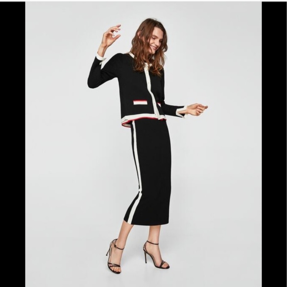 ZARA Black Cardigan w/ Faux Pearl Buttons with Matching Midi Skirt - Picture 11 of 13